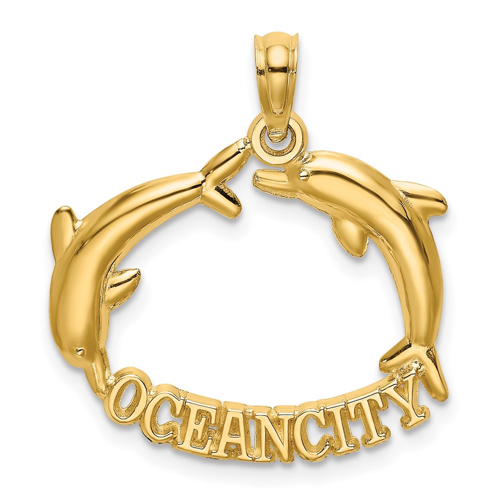 14k Yellow Gold Travel Ocean City With Jumping Dolphins Necklace Charm Pendant